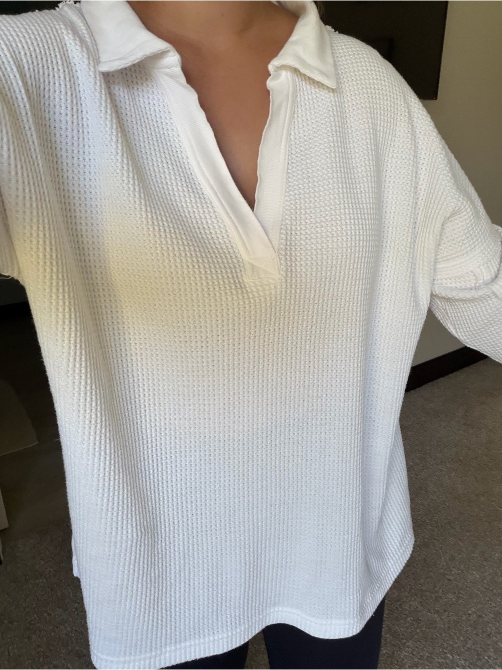 Altar'd State White Waffle-Knit V-Neck Polo Sweater